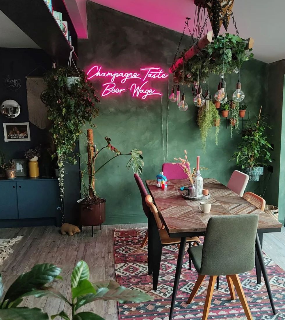 Neon-lit dining room